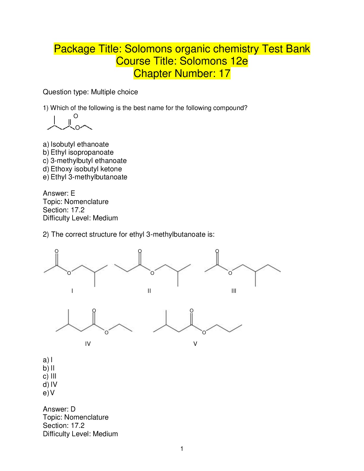 Preview image for Package Title: Solomons organic chemistry Test Bank Course Title: Solomons 12the Edition. Chapter Number: 17